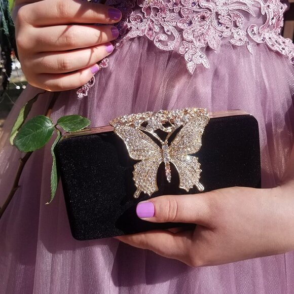 Neiman Marcus Dexmay Rhinestone Black Crystal Butterfly Clutch Bag